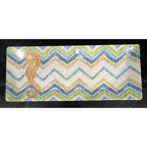 Cynthia Coulter Signed Seahorse Melamine Serving Platter Tray Beach House 19x8